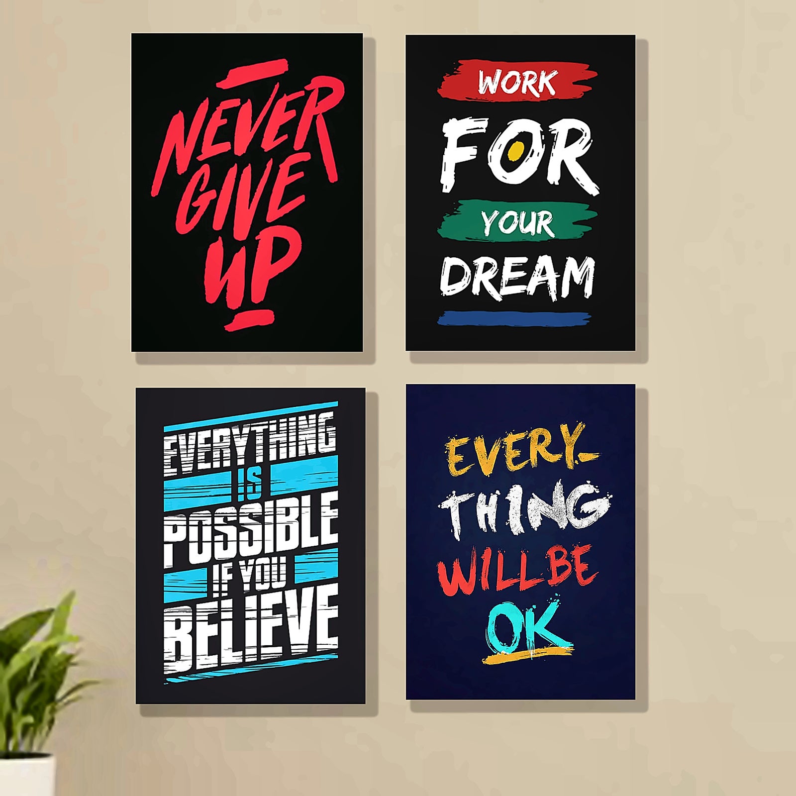 Set of 4 Motivational Wall Art Frames For Wall Decor – Home Wall Decor 8x11" MDF with Sticky Backing