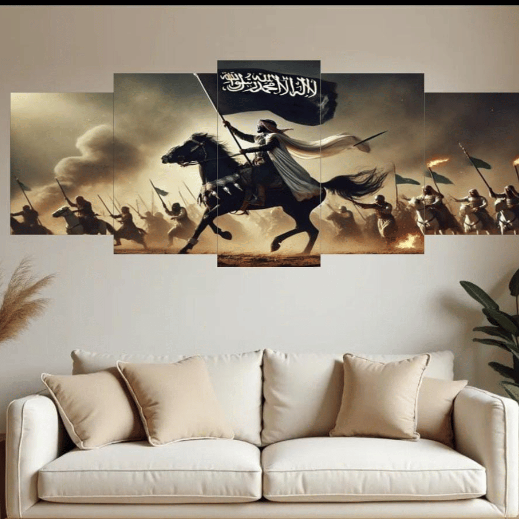 Set of 5 Panels Islamic Warrior Canvas Wall Art Wooden Sticky Tile Frames with Double Tape (Size 16x40 inches)