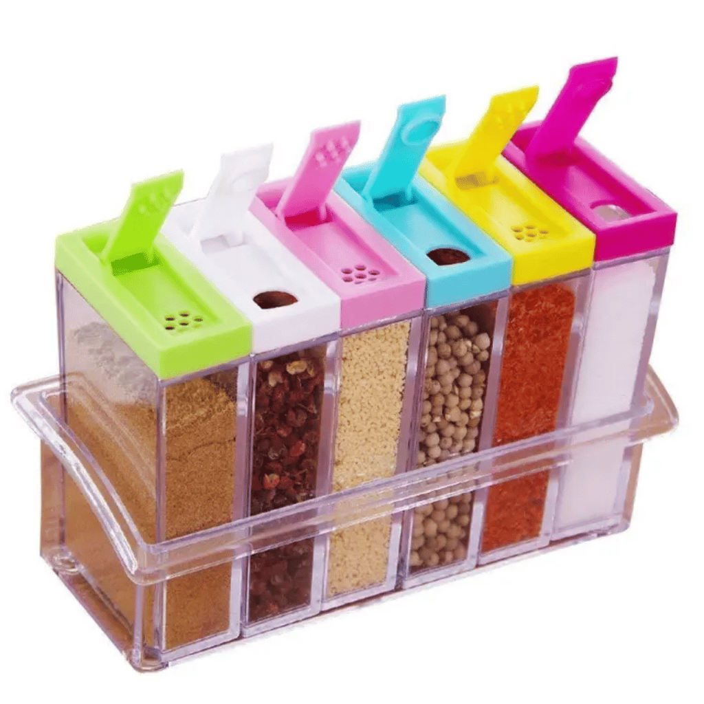 Set of 6 Spice Jars Dispenser Masala Rack Easy Flow Storage Crystal