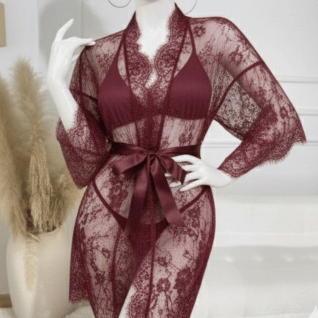 3 Piece Net Gown Set with Bra & Panty | Soft Lace Robe Lingerie | Free Size
