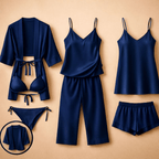 7-Piece Satin Sleepwear & Lingerie Set for Women – Luxury Nightwear Collection with Robe, Slip Dress, Free Size (black)