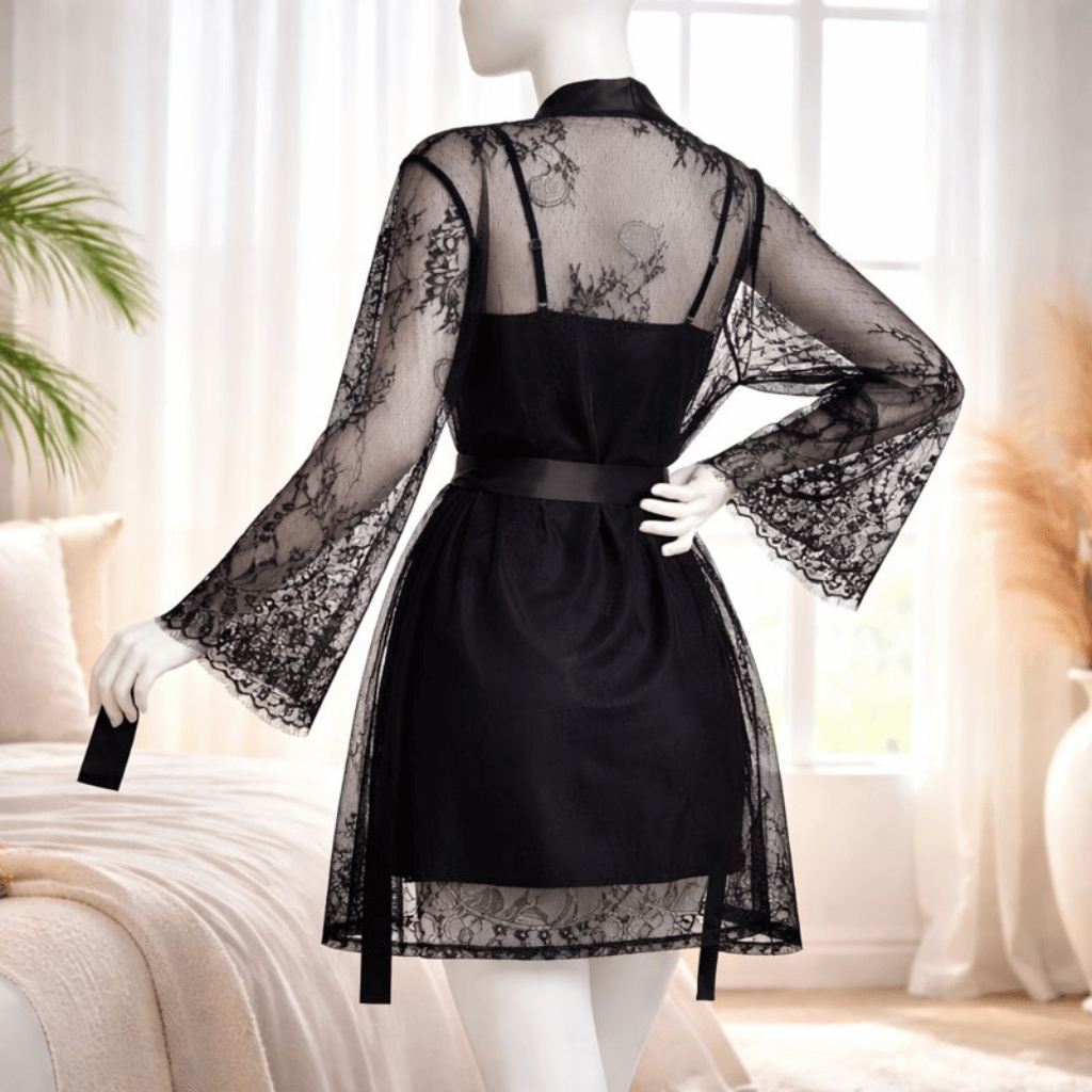Soft Lace Robe & Silk Inner – 2 Piece Transparent Net Gown Set | Free Size