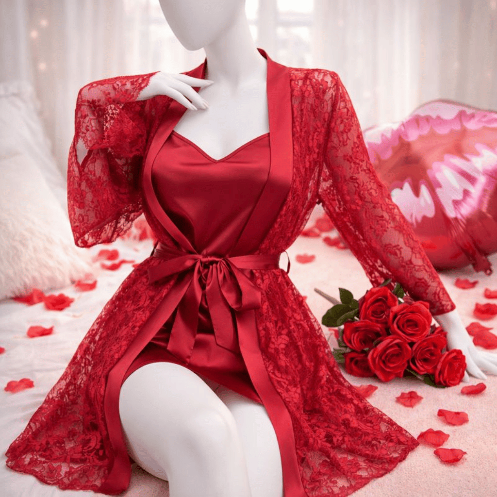 Soft Lace Robe & Silk Inner – 2 Piece Transparent Net Gown Set | Free Size