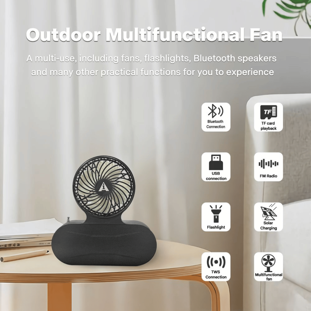 Solar Fan Bluetooth Speaker Wireless Outdoor Portable With Blowing Flashlight