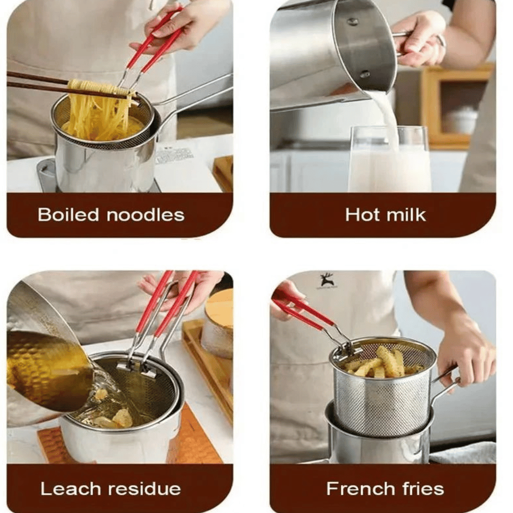 Stainless Steel Deep Fryer Pot with Strainer Pan (1200ML Capacity)