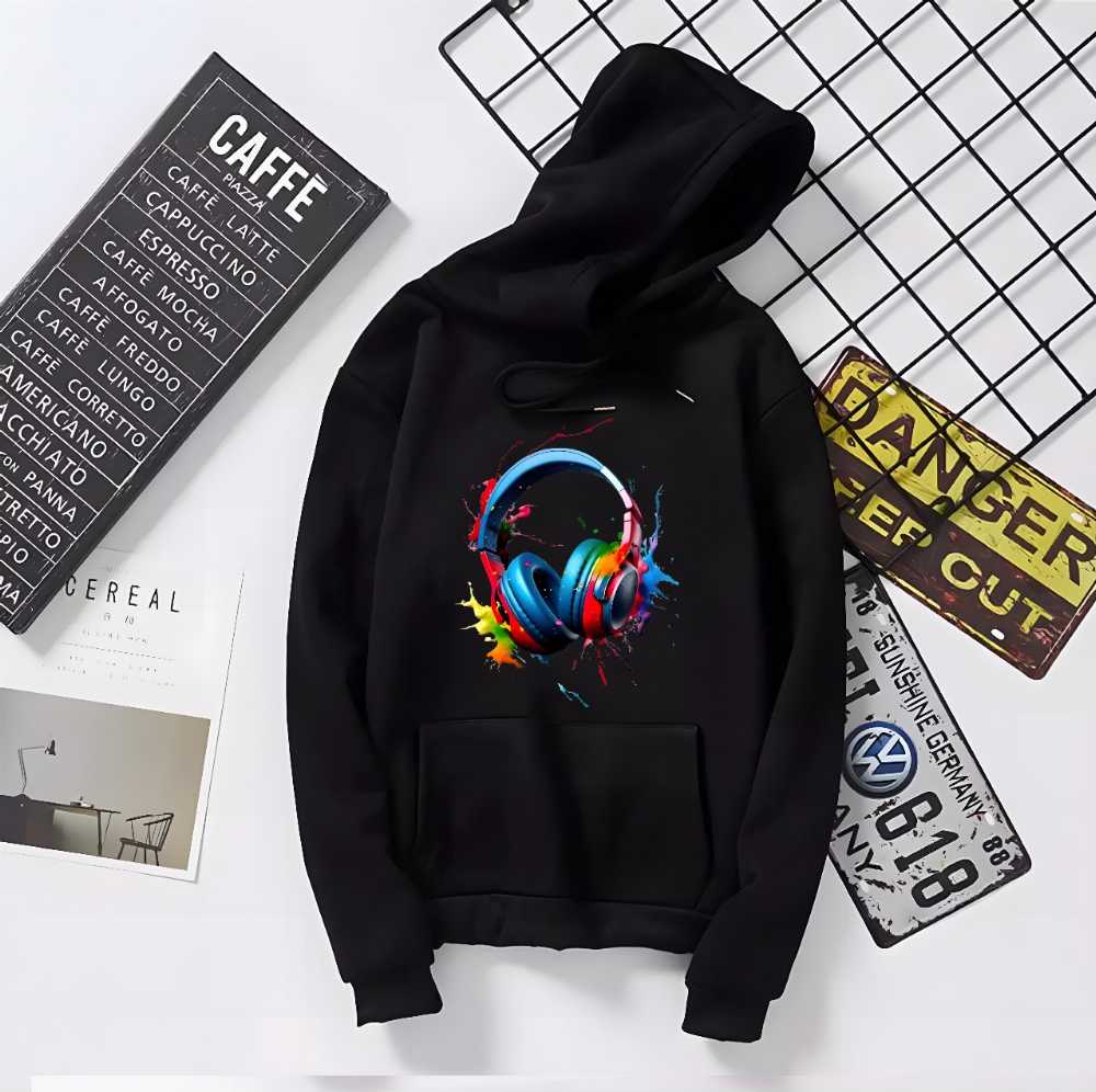 Headphone Print Cotton Hoodie for Men and Women Winter Wear