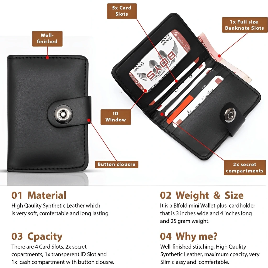 Leather Wallet for Men & Boys Slim Bifold Design 5 Card Holders