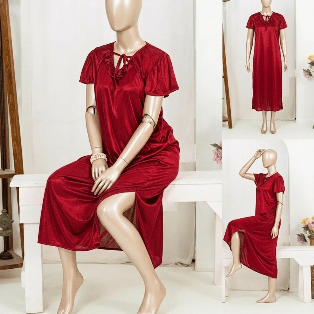 1 Pc Silk Satin Bow Tie Maxi Night Dress Elegant Short Sleeve Women Nighty Free Size
