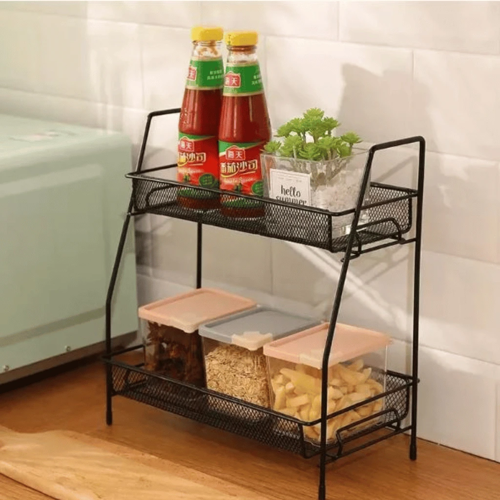 2 Tier Spice Rack Vegetable Stand Folding Metal Spice Rack