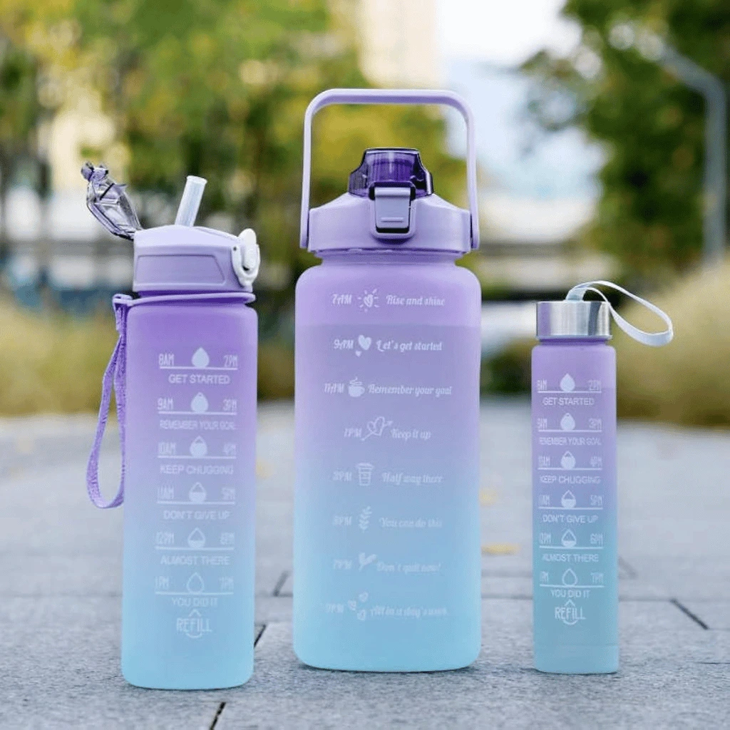 3 Pcs Set Sports Water Bottles With Motivational Time Marker & Leak Proof Flip Top Lid (Random Color)