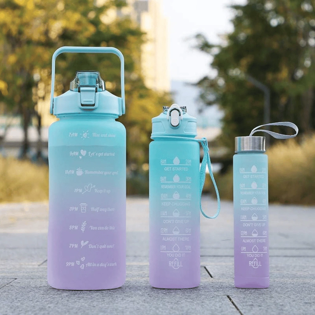 3 Pcs Set Sports Water Bottles With Motivational Time Marker & Leak Proof Flip Top Lid (Random Color)