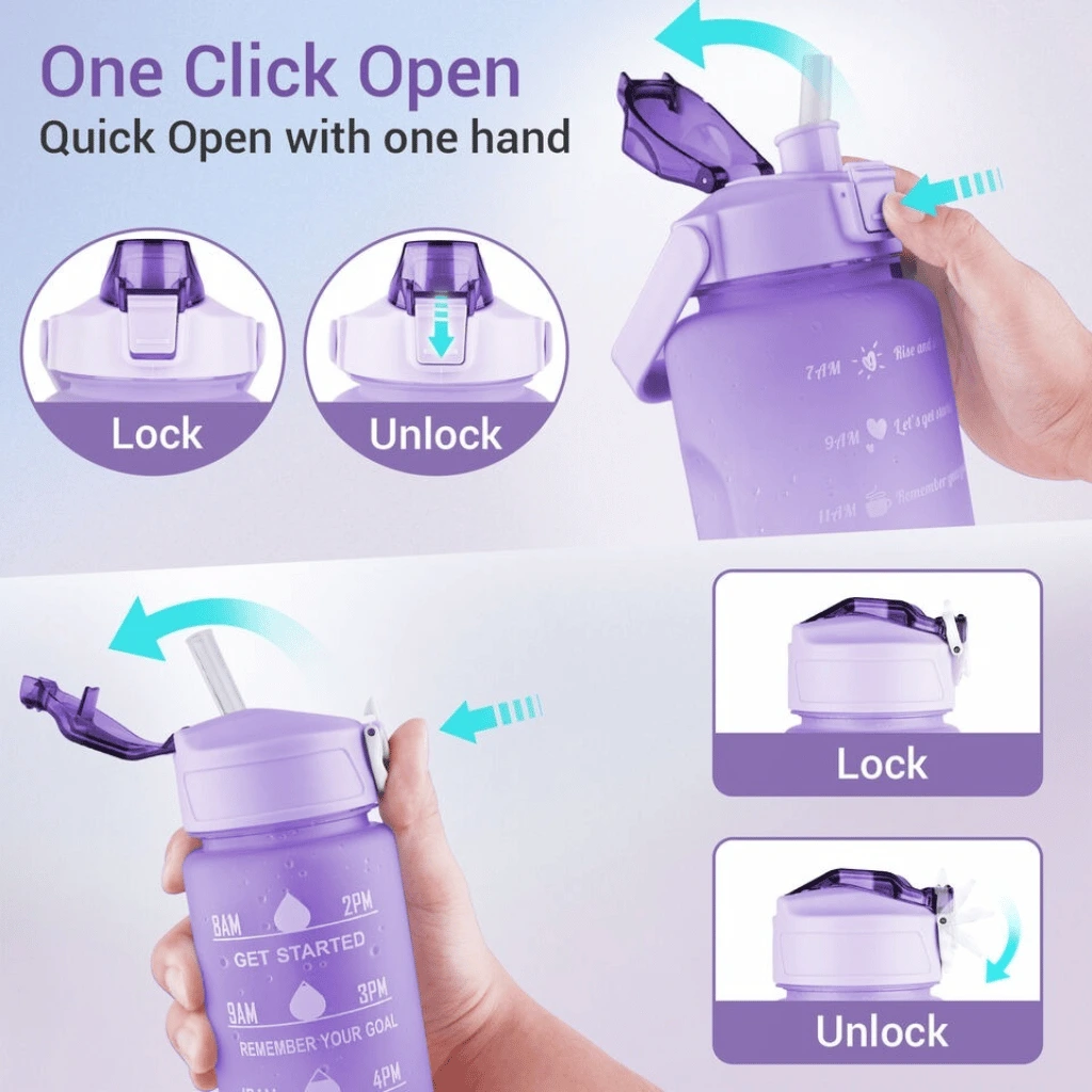 3 Pcs Set Sports Water Bottles With Motivational Time Marker & Leak Proof Flip Top Lid (Random Color)