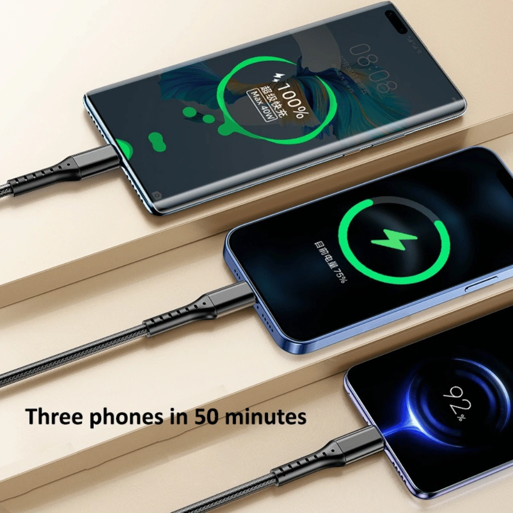 3-in-1 Metal Fast Charging Cable – Micro USB, Type-C & iPhone (Random color)