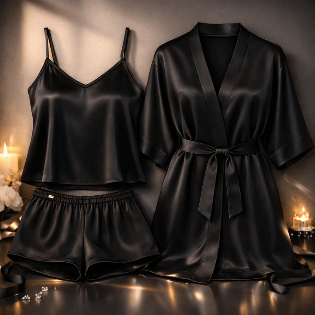 3-Piece Satin Sleepwear Set for Women – Camisole, Shorts & Robe ( Free Size )