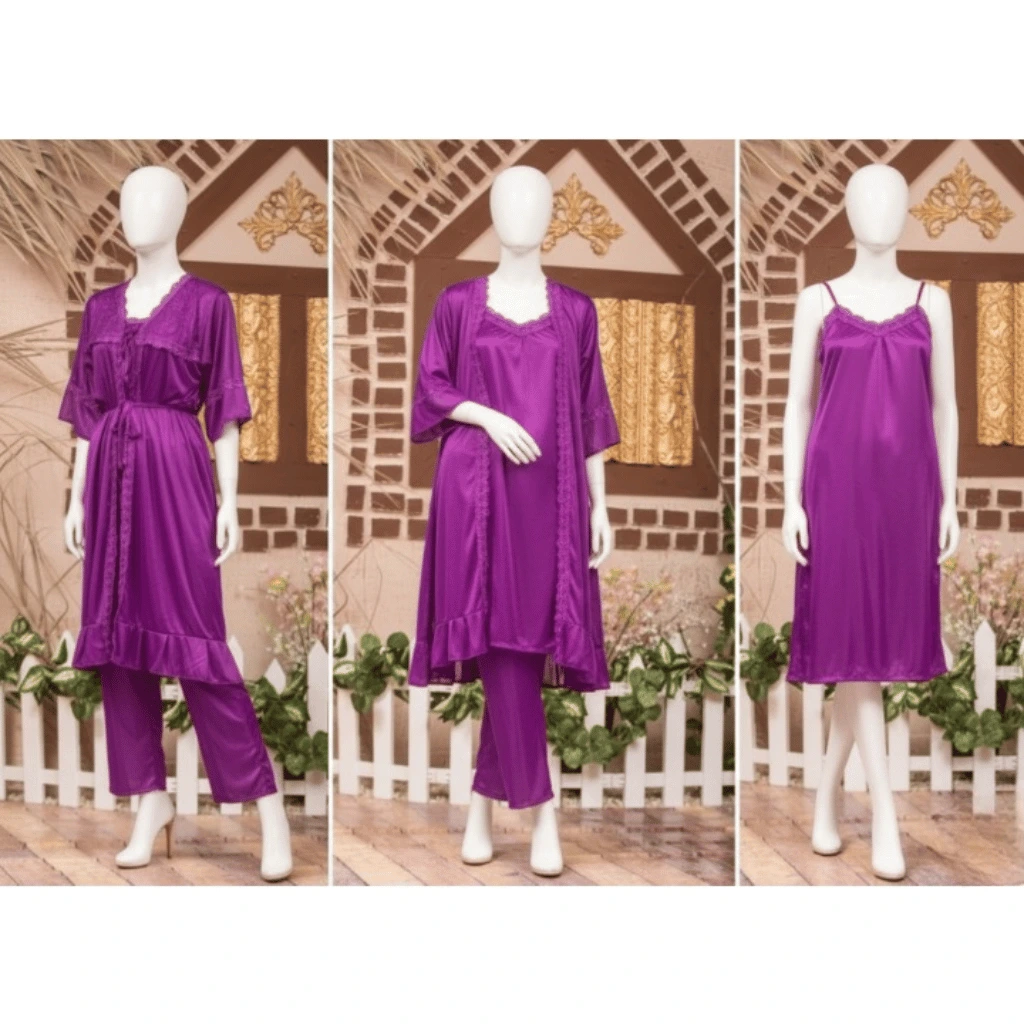 3-Piece Silk Nightwear Set for Women Comfortable Nighty Set Free Size Elegant Sleepwear
