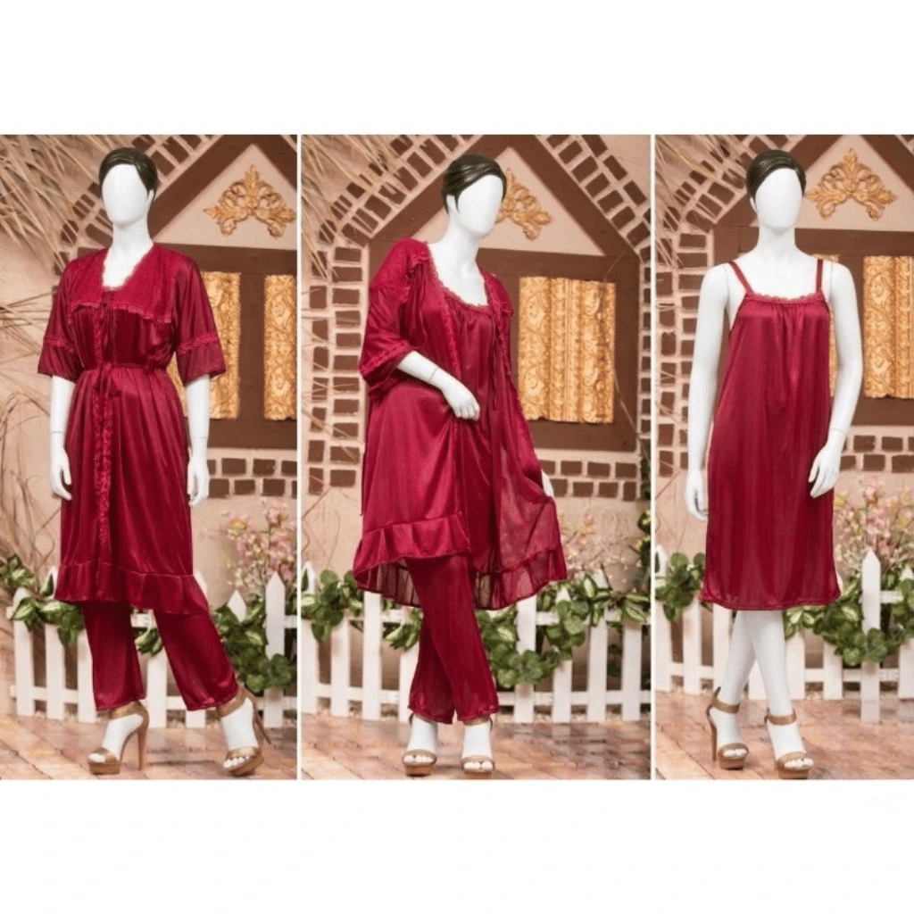 3-Piece Silk Nightwear Set for Women Comfortable Nighty Set Free Size Elegant Sleepwear