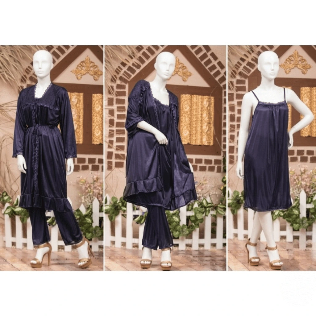 3-Piece Silk Nightwear Set for Women Comfortable Nighty Set Free Size Elegant Sleepwear