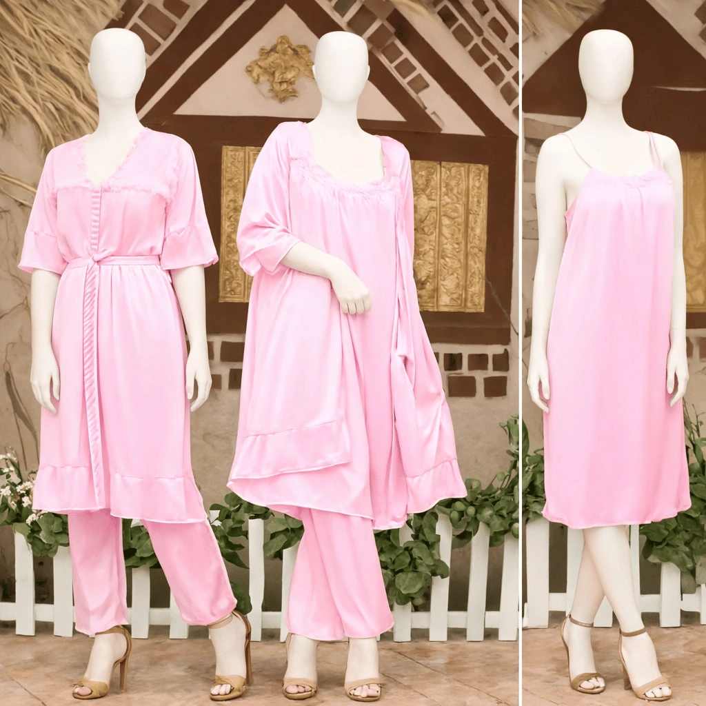 3-Piece Silk Nightwear Set for Women Comfortable Nighty Set Free Size Elegant Sleepwear