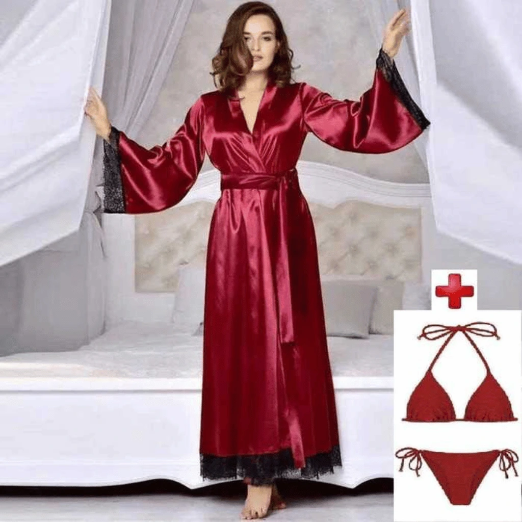 3Pcs Imported Women's Luxury Satin Robe With Bikini Lingerie Set – Full-Length Kimono Nightwear