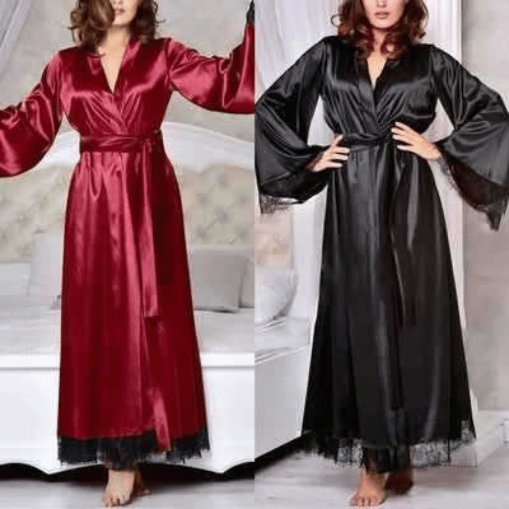 3Pcs Imported Women's Luxury Satin Robe With Bikini Lingerie Set – Full-Length Kimono Nightwear