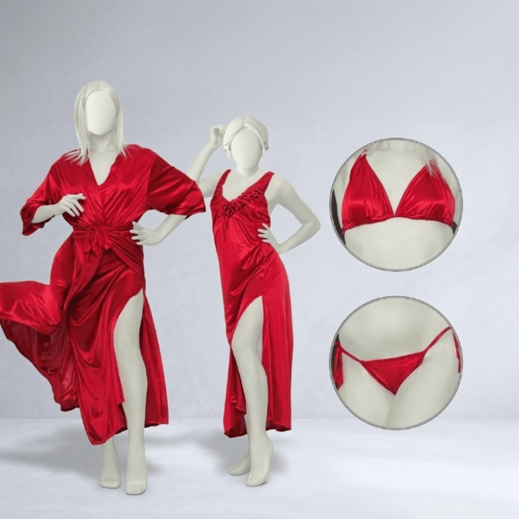 4-Piece Burgundy Silk Satin Lingerie & Nightwear Set for Women Free Size