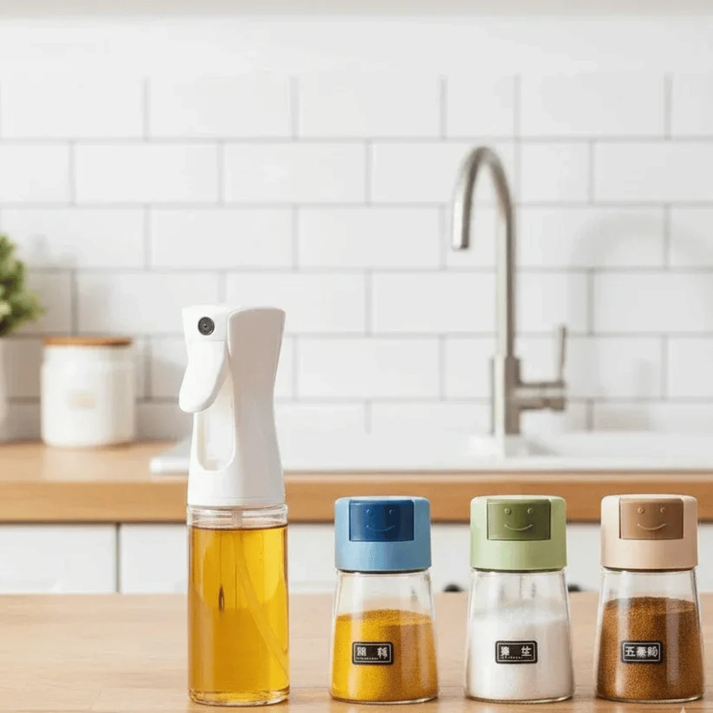 4Pcs Oil And Spice Countertop Set Daisy Glass Seasoning Organizer