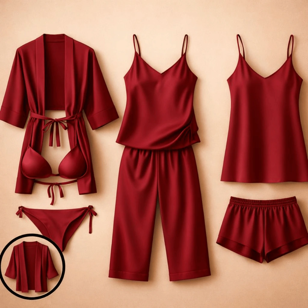7-Piece Satin Sleepwear & Lingerie Set for Women โ Luxury Nightwear Collection with Robe, Slip Dress, Free Size (black)