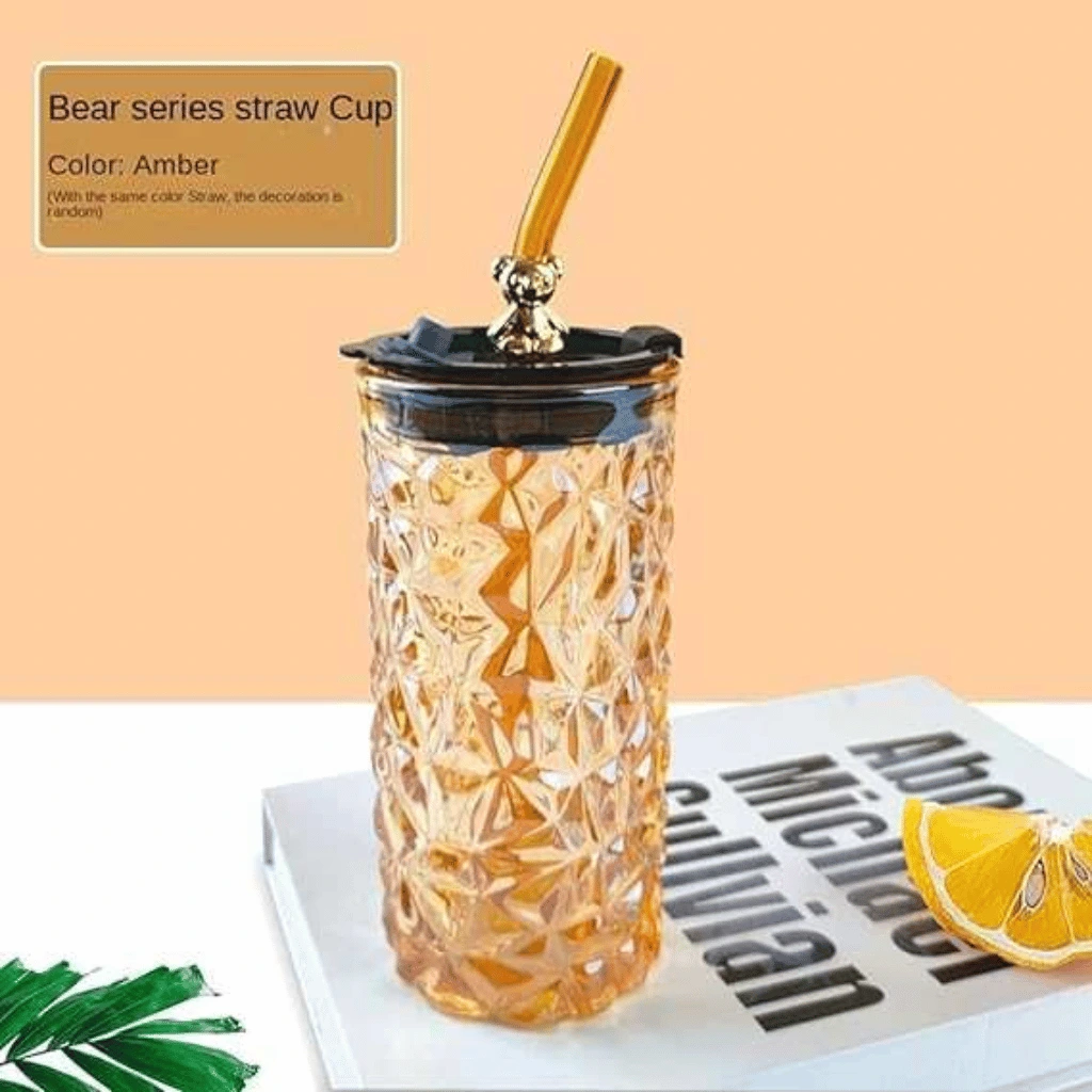 Aesthetic Straw Mason Jar With Silver Bear Lid – 450Ml Glass Tumbler