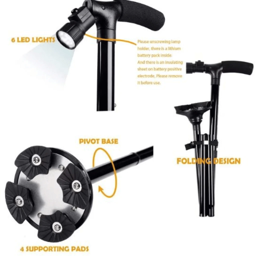 Black Folding Walking Stick With Led Light Portable Aluminium Handle Dependable Professional Walking Stick