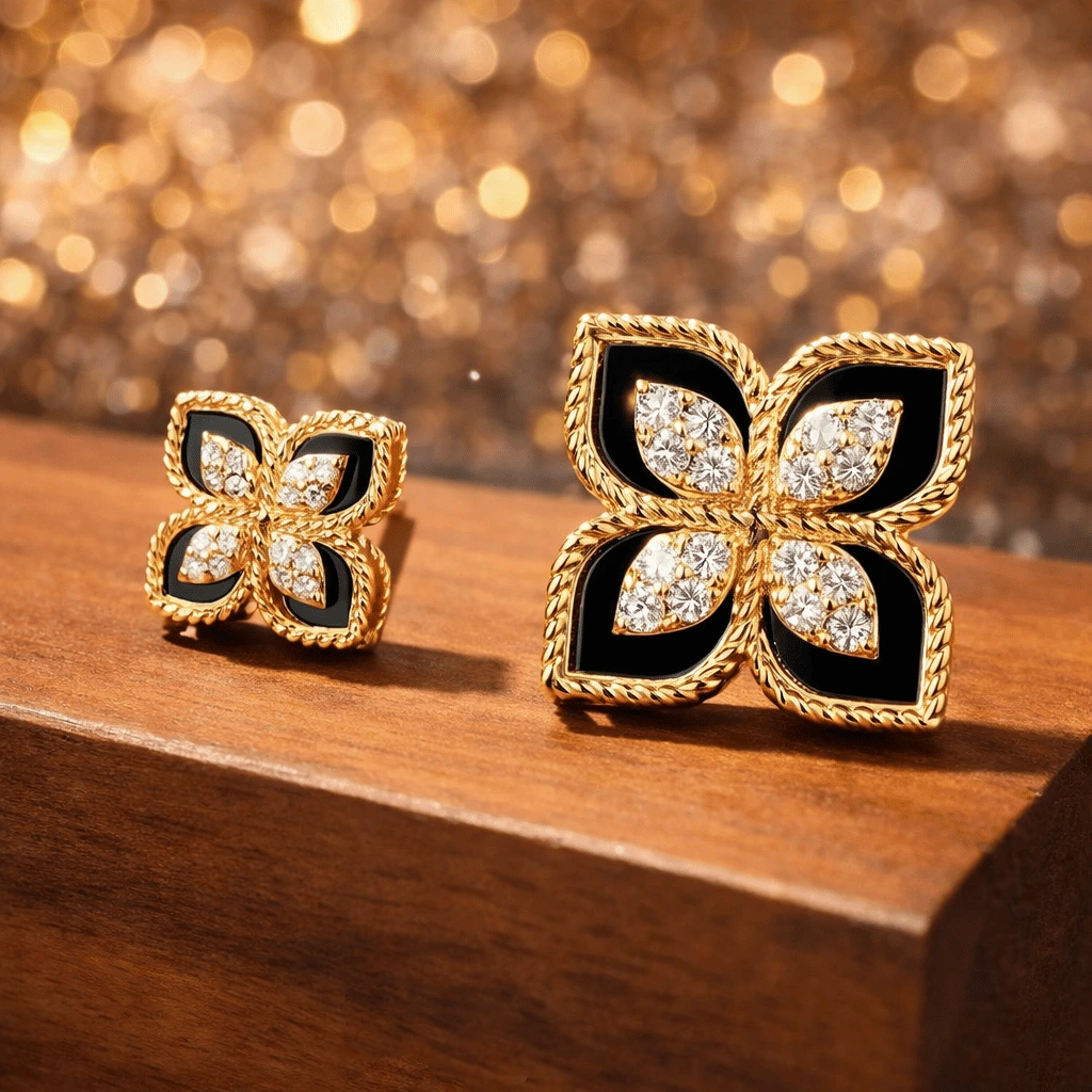 Black And Gold Floral Earrings