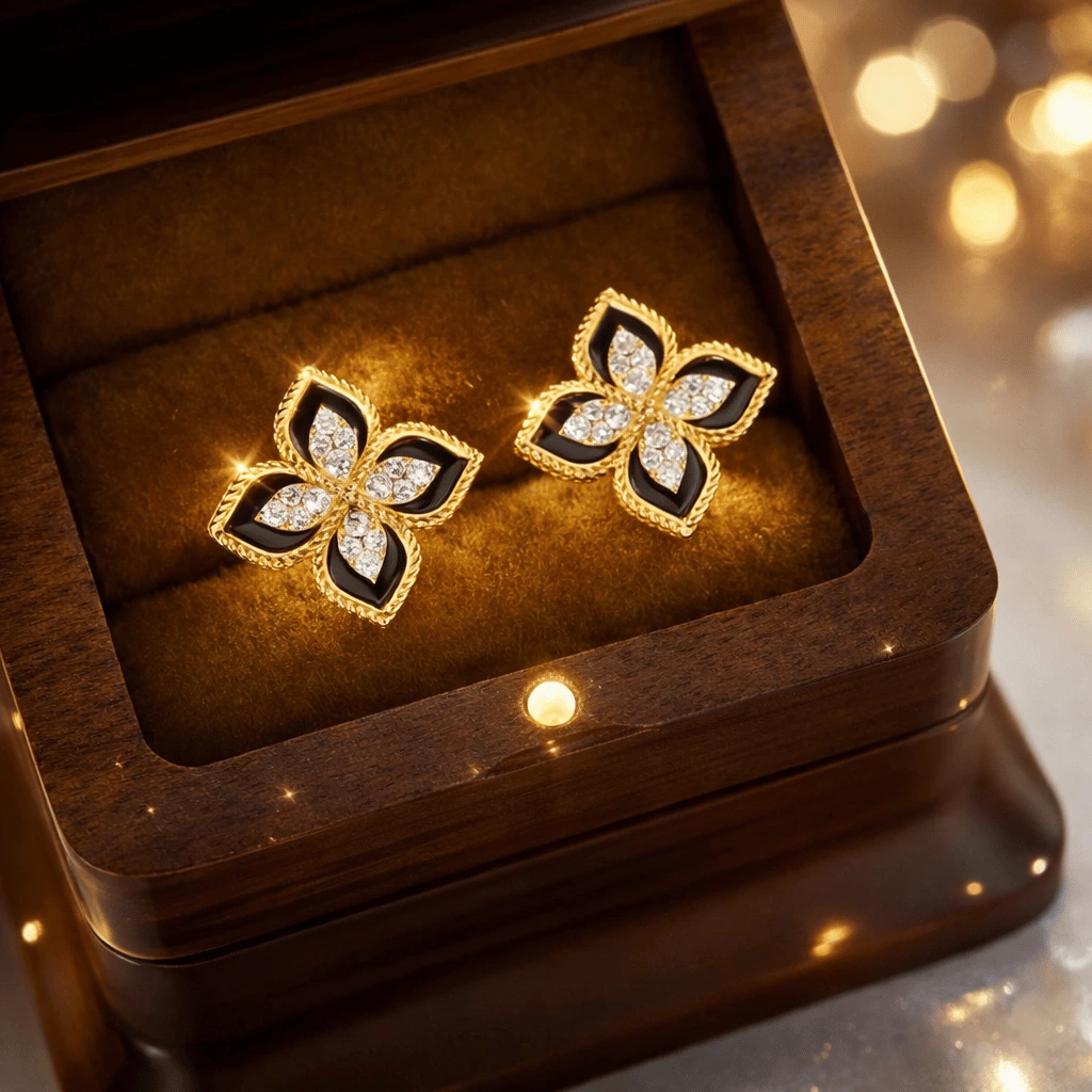 Black And Gold Floral Earrings