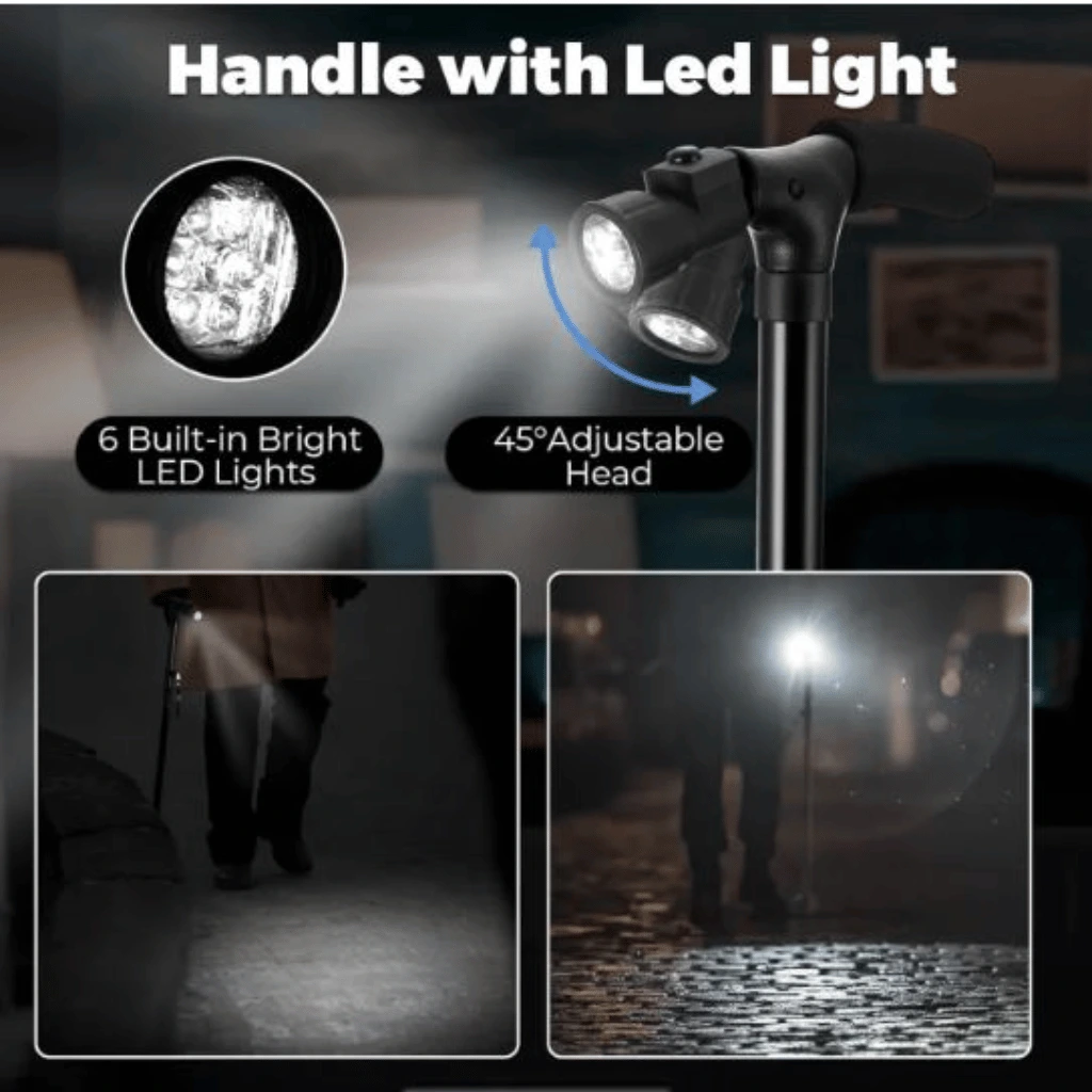 Black Folding Walking Stick With Led Light Portable Aluminium Handle Dependable Professional Walking Stick
