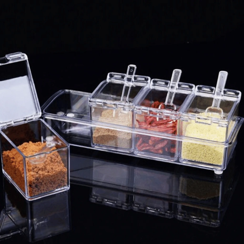 Crystal Seasoning Box With 4 Compartments And Spoons
