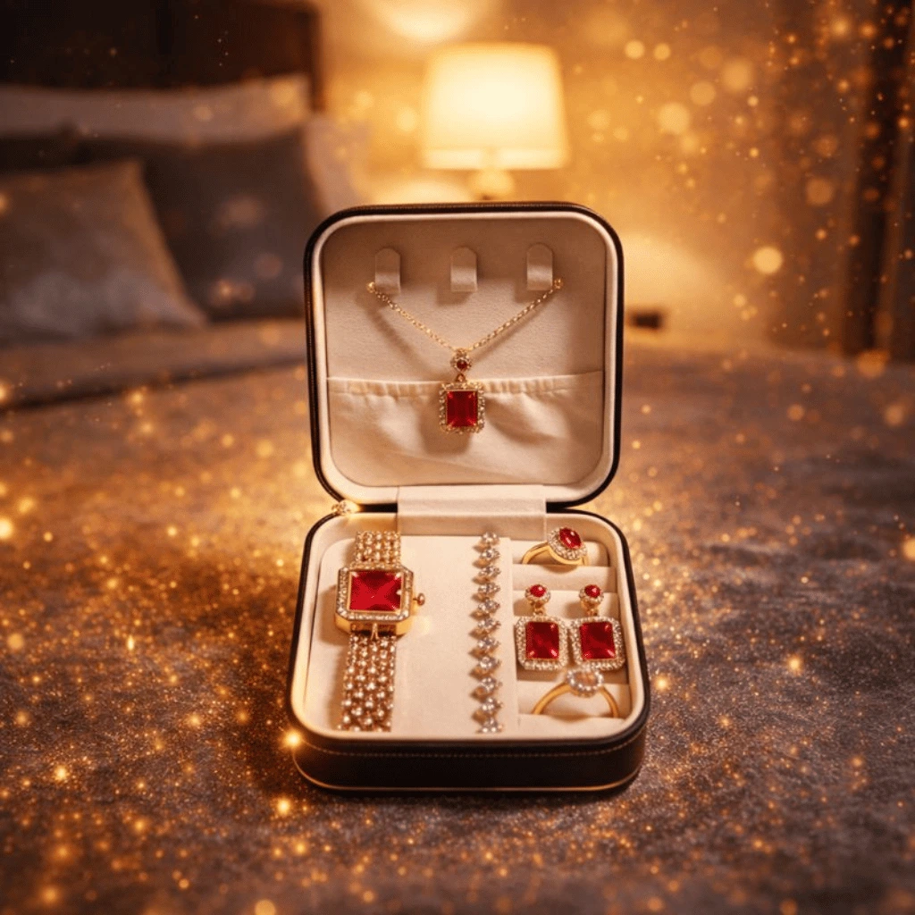 Elegant 6-Piece Rose Gold & Ruby Red Jewelry Gift Set
