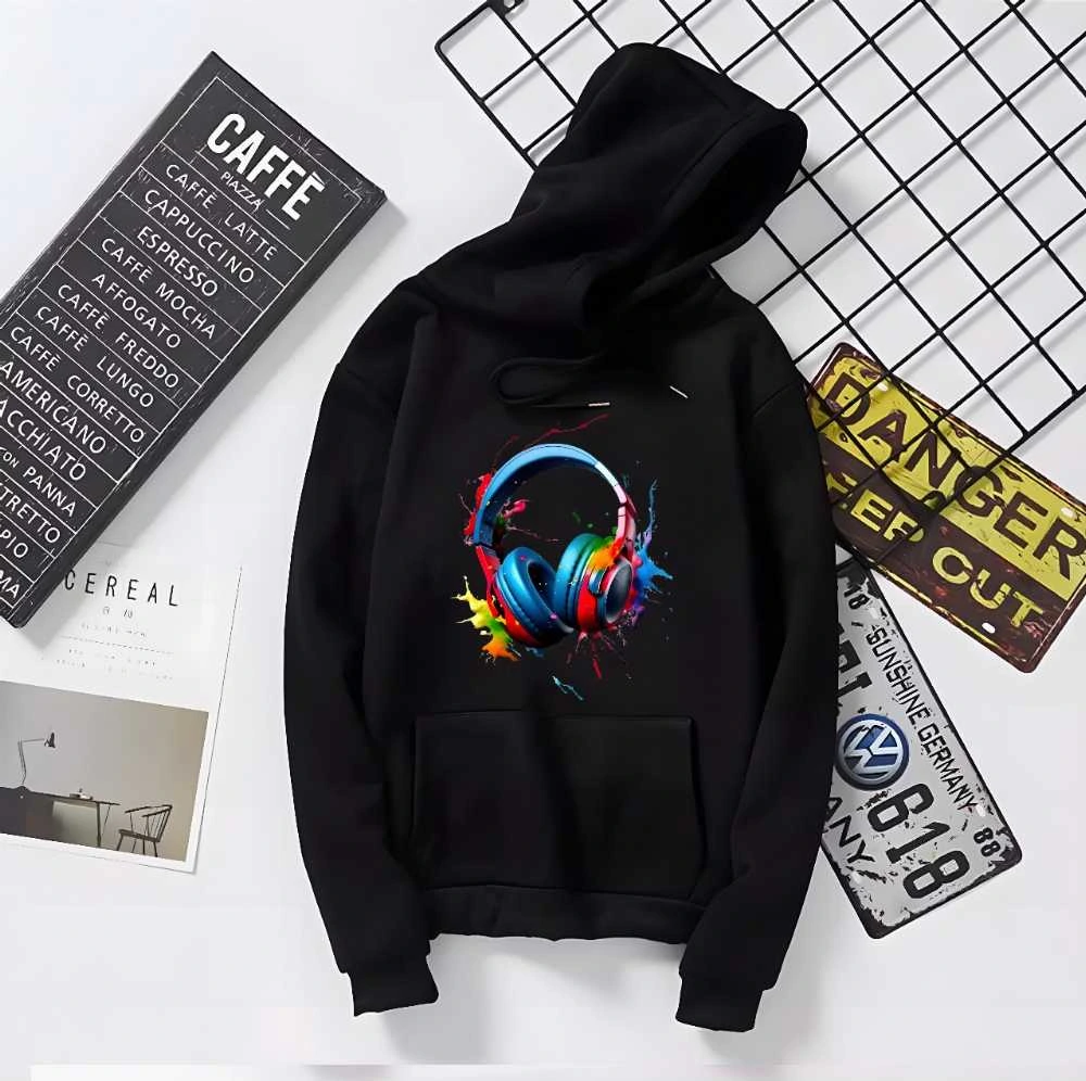 Headphone Print Cotton Hoodie for Men and Women Winter Wear