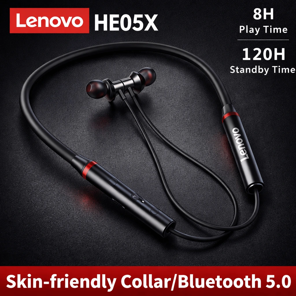 Lenovo HE05X Bluetooth 5.0 Magnetic Neckband Earphones with Mic