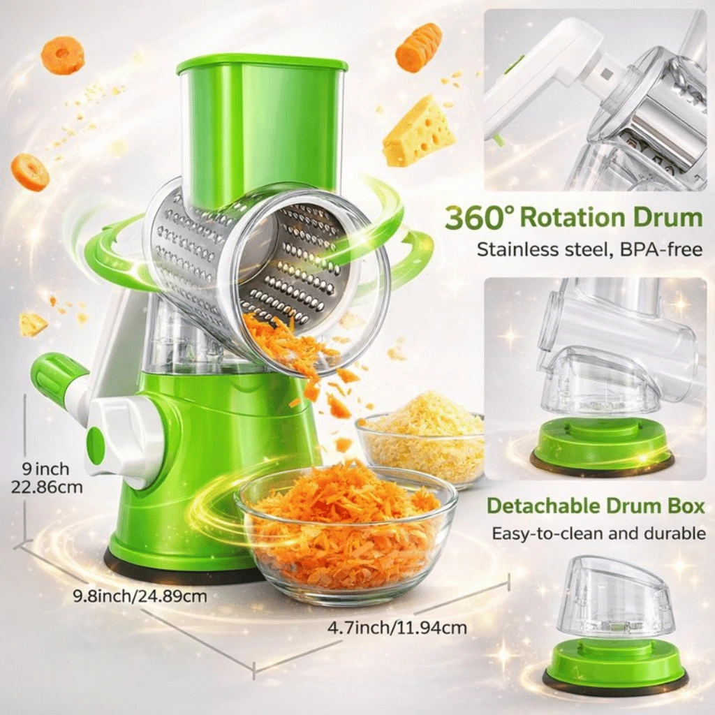 Manual 3‑In‑1 Vegetable Cutter & Drum Grater | Round Slicer