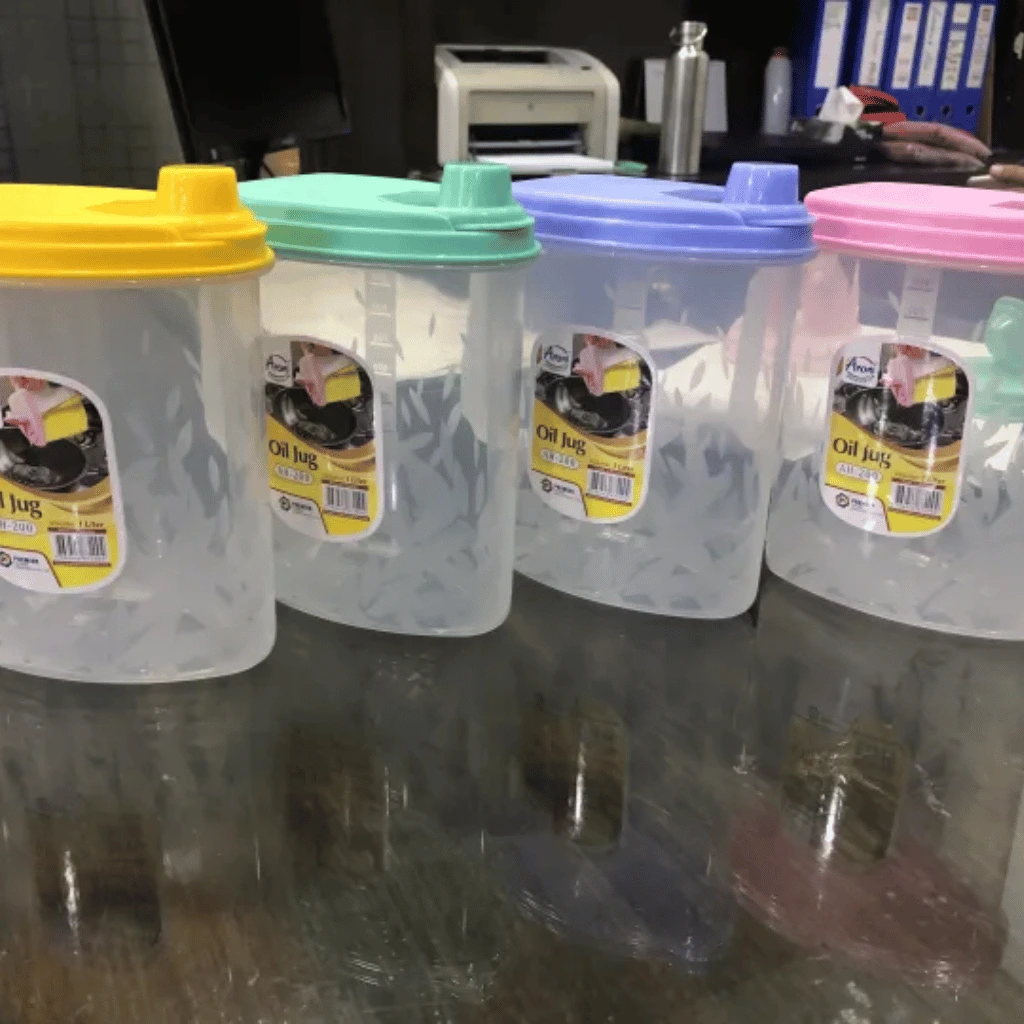 Pack OF 2 Oil Jug 1 LTR Plastic Oil Jugs High Quality Clear Plastic Beautiful Design (Multicolor)