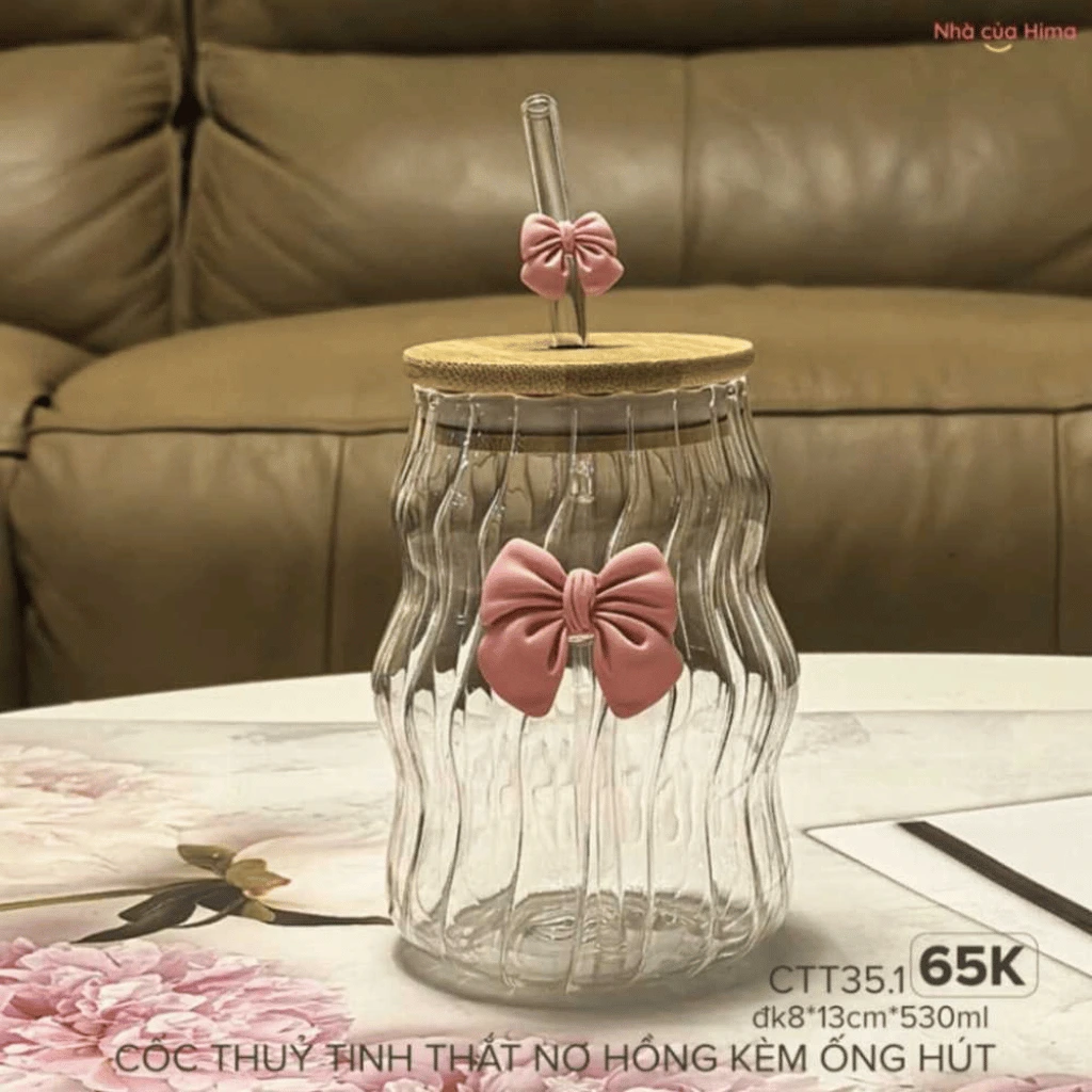 Premium 500Ml Lined Glass Cup With Bow – Aesthetic Ribbed Drinking Glass