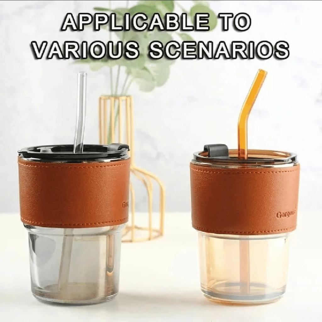 Reusable Coffee Mug with Straw Leakproof Lid & Heat-Resistant PU Leather