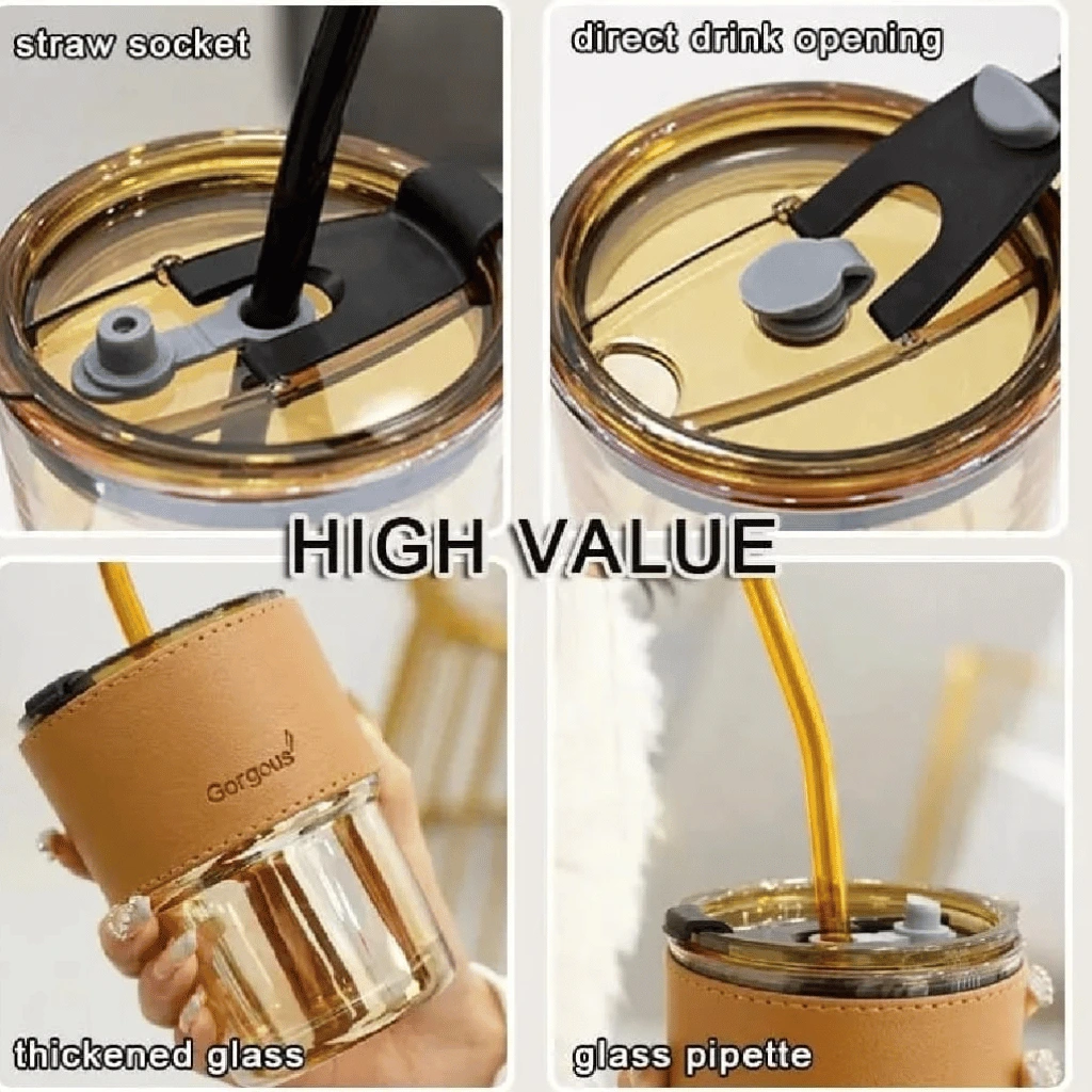 Reusable Coffee Mug with Straw Leakproof Lid & Heat-Resistant PU Leather