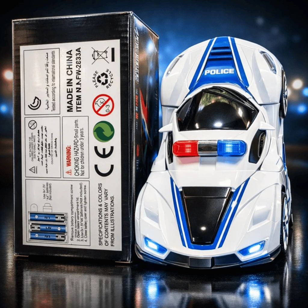 Robot Police Car Toy  Transformer with Lights, Music, Automatic Rotation