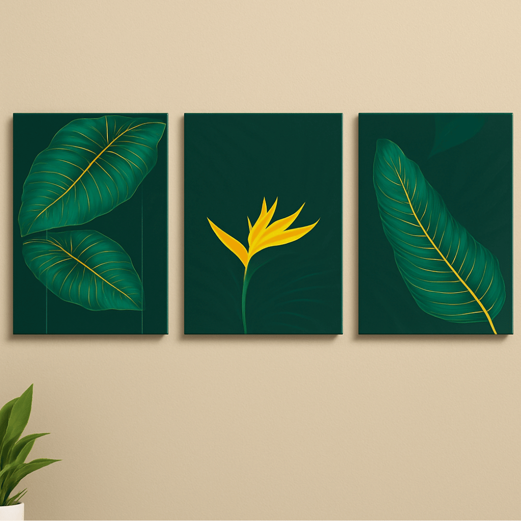 Set of 3 Green Flowers Wall Art Wooden Frames | Sticky Photo Tiles for Home Decoration