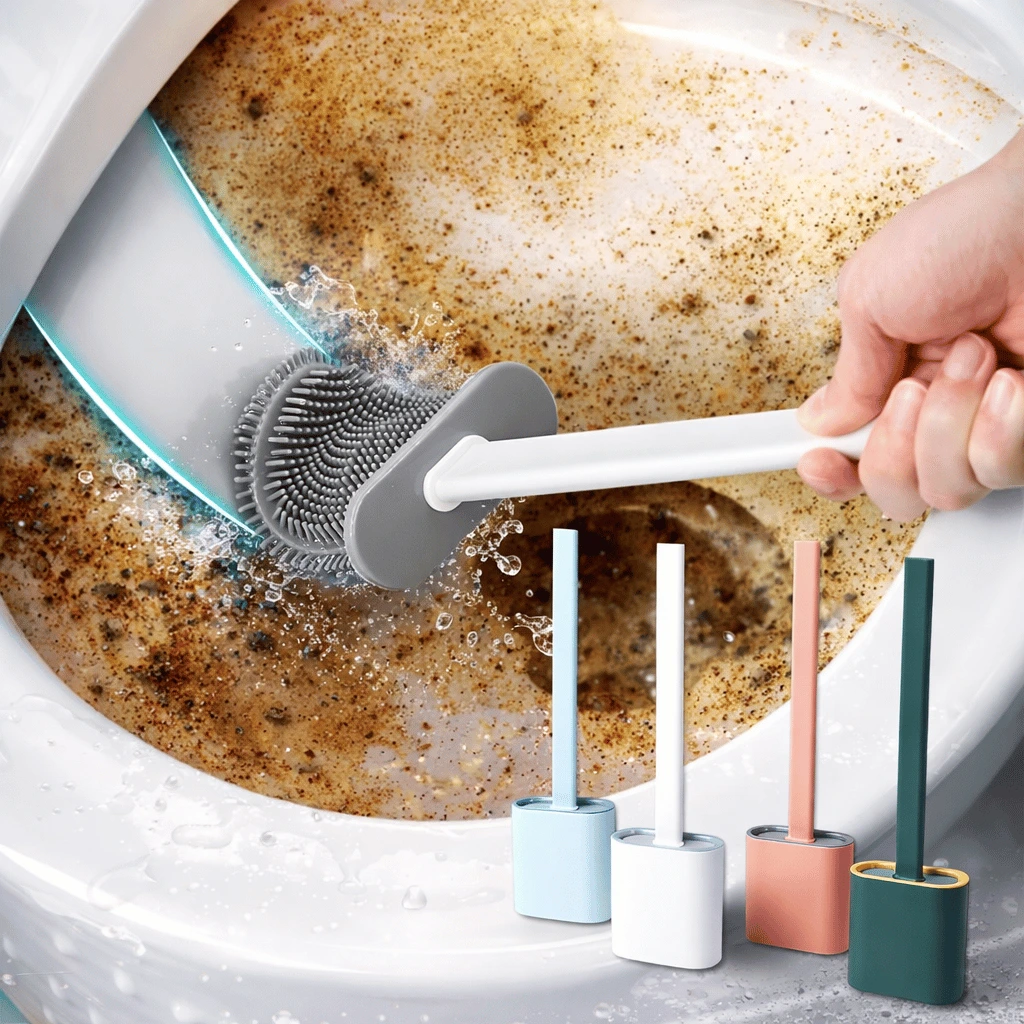 Silicone Toilet Brush with Quick Drying Holder (Random Color)