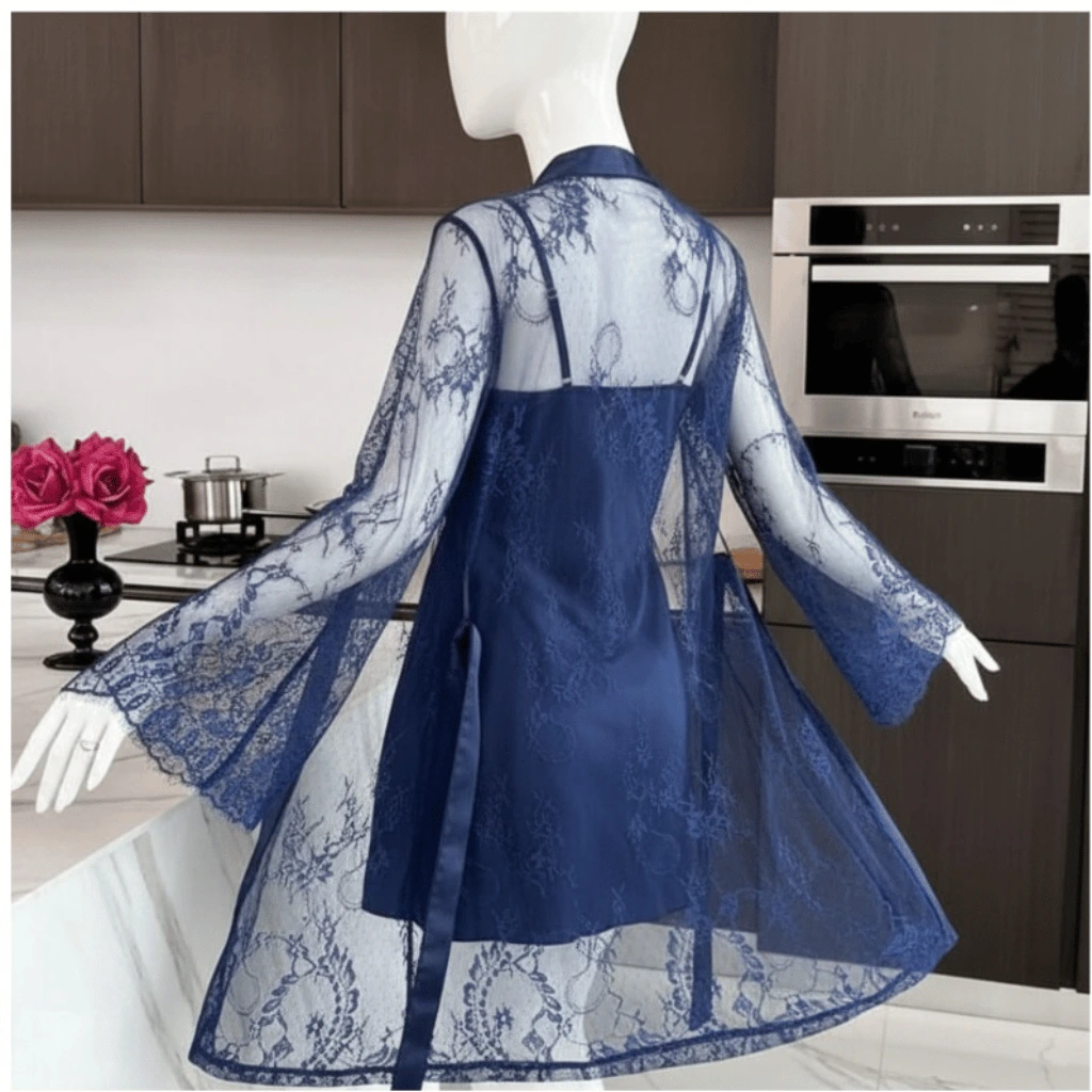 Soft Lace Robe & Silk Inner – 2 Piece Transparent Net Gown Set | Free Size