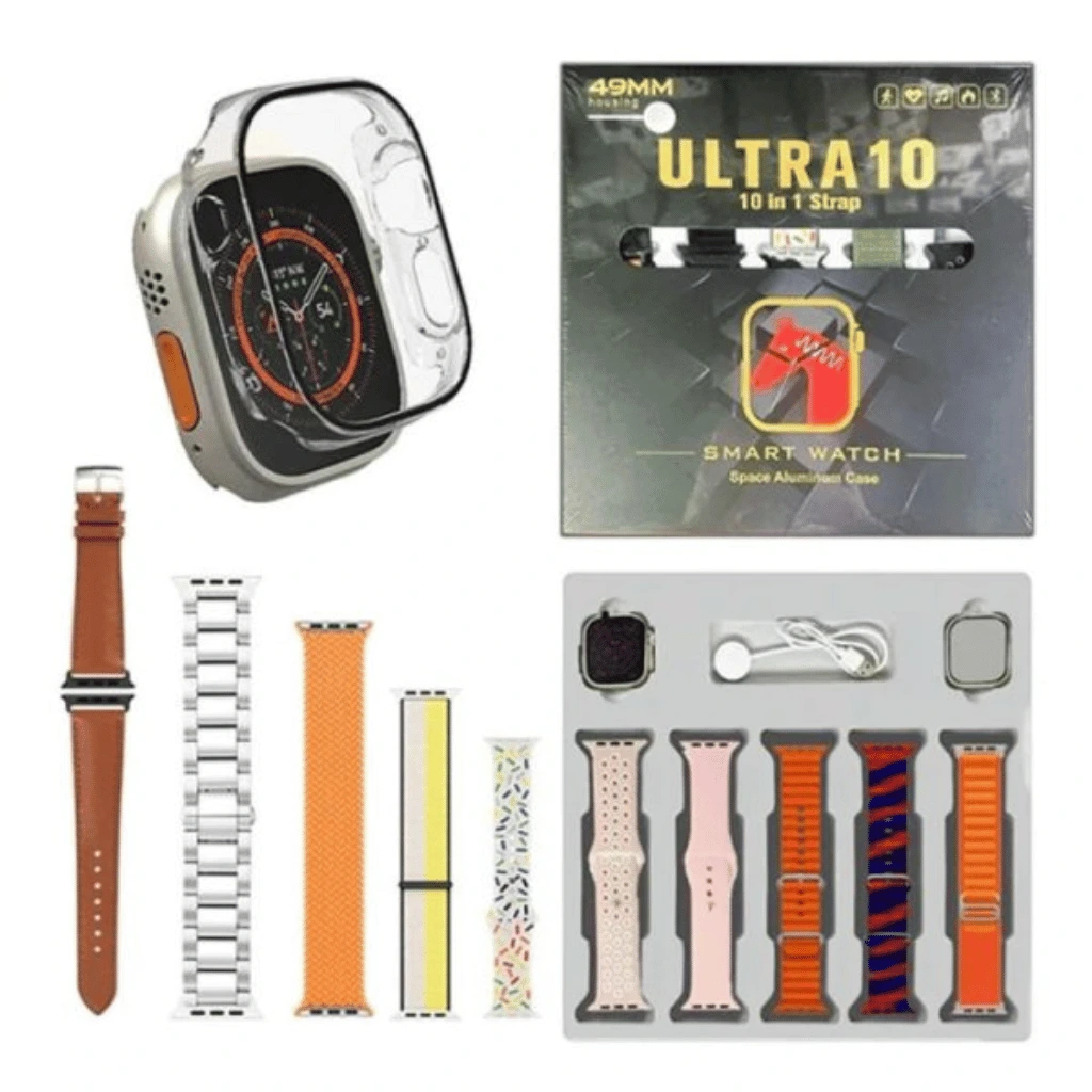 Ultra 10 Smart Watch | 10 in 1 Straps+Jelly Case | BT Calling | Super HD Display 49mm (Random Color)