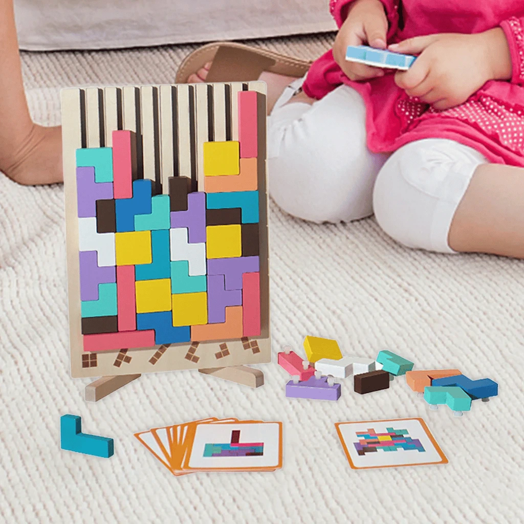 Wooden Puzzle Tetris Game | Montessori Learning Aid | 3D Colourful Blocks
