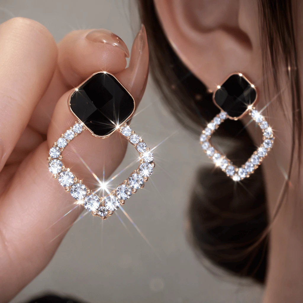Zircon Korean Black Shiny Earing Resin Rhombus Earrings Jewelry Fashion for Women