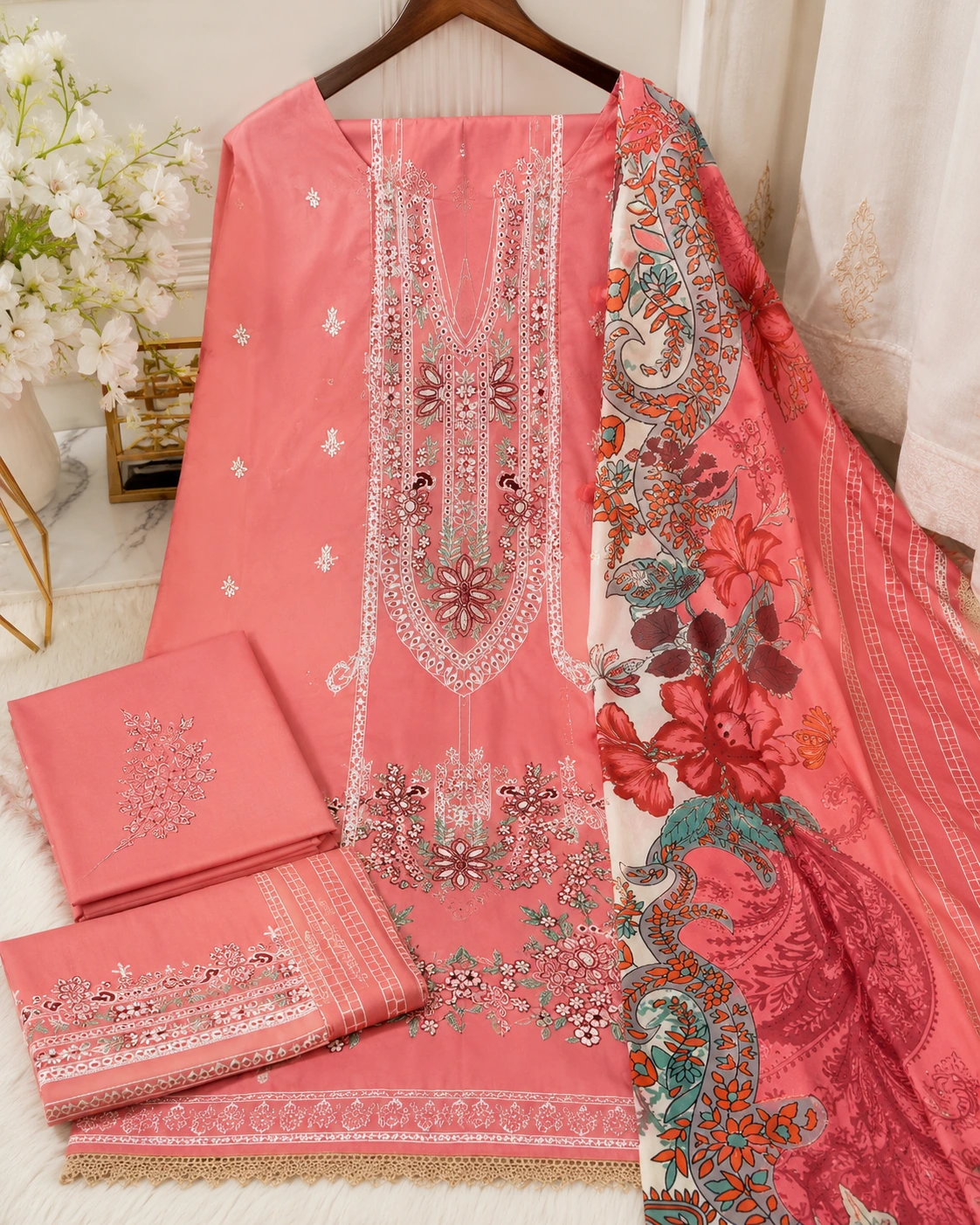 Peach Embroidered 3-Piece Dhank Winter Suit