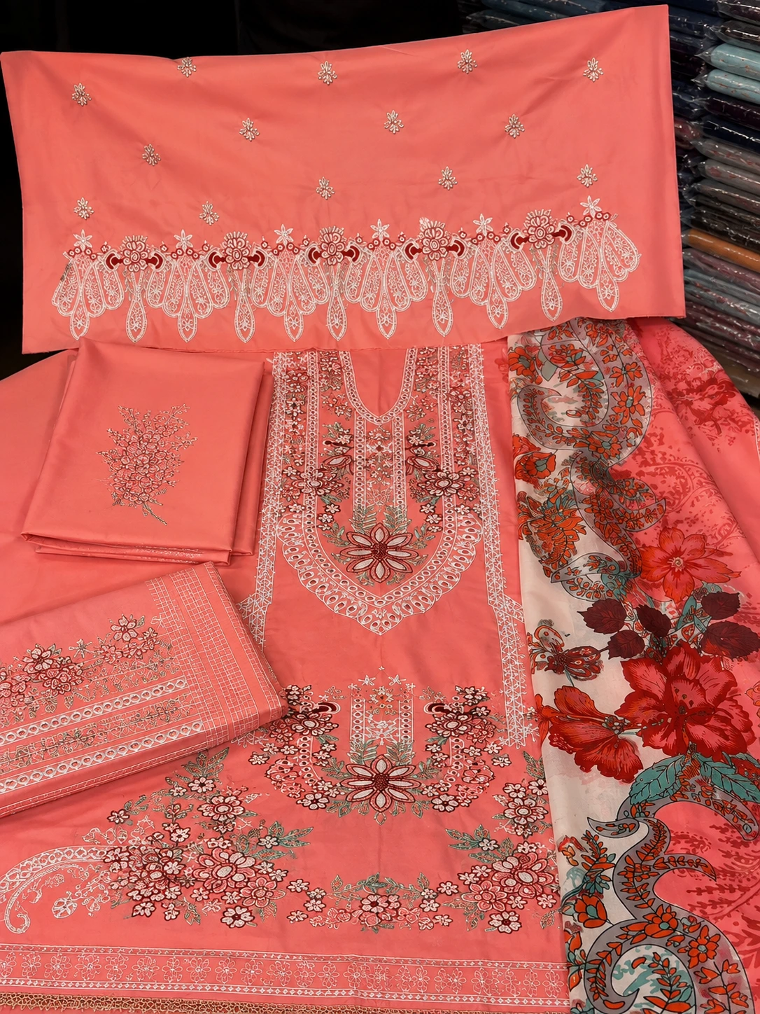 Peach Embroidered 3-Piece Dhank Winter Suit